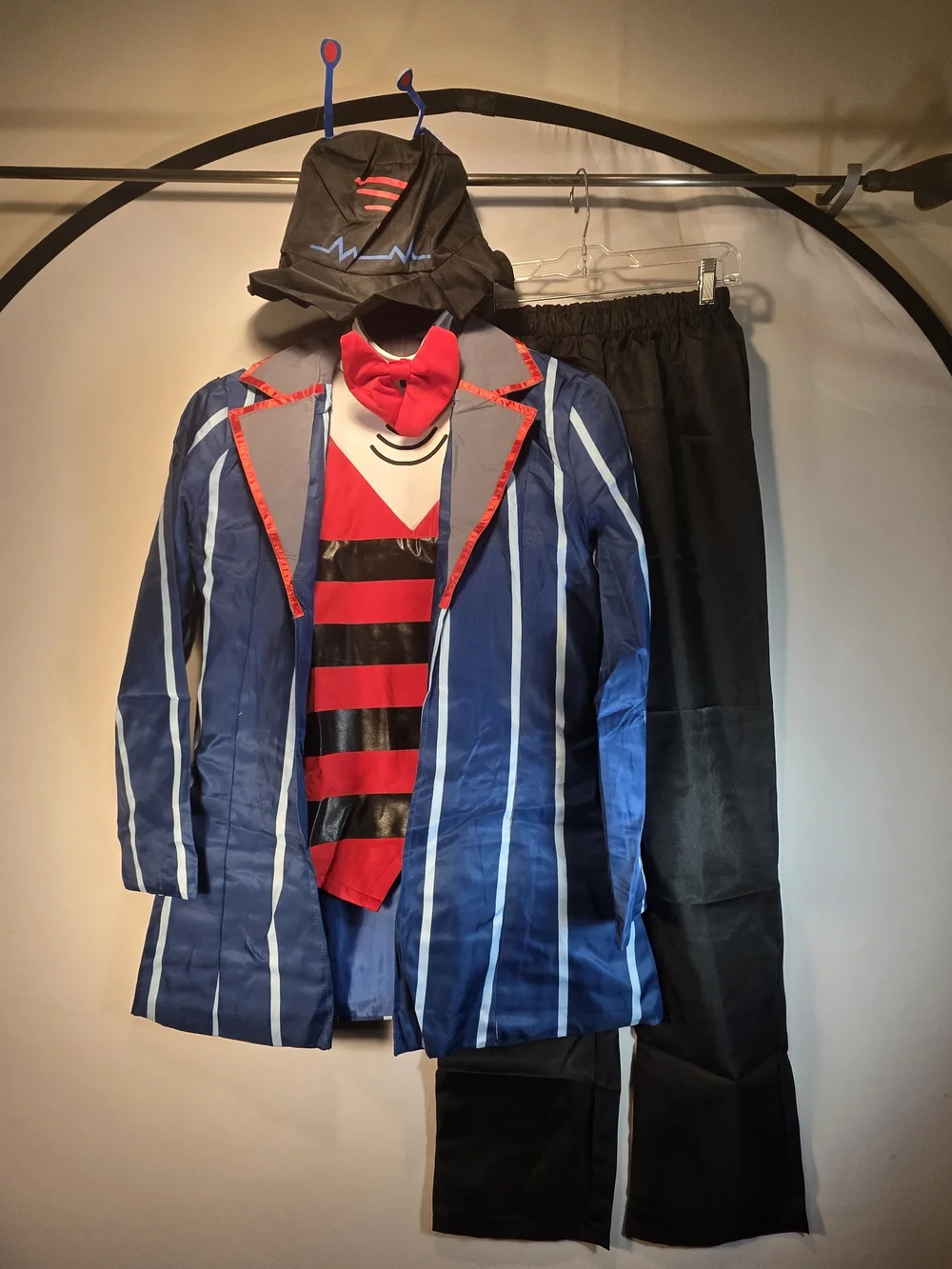 Hazbin Hotel Vox Cosplay Costume Set Blue Coat Pants Shirt Bow Tie Antenna Hat